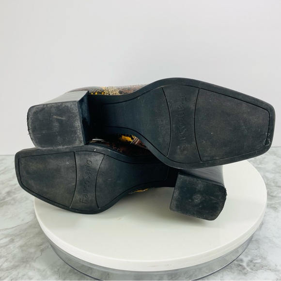 Franco Sarto Leather Ankle Boots 6.5 Lizzard Brown Yellow Zip Block Heel Square - Picture 7 of 7